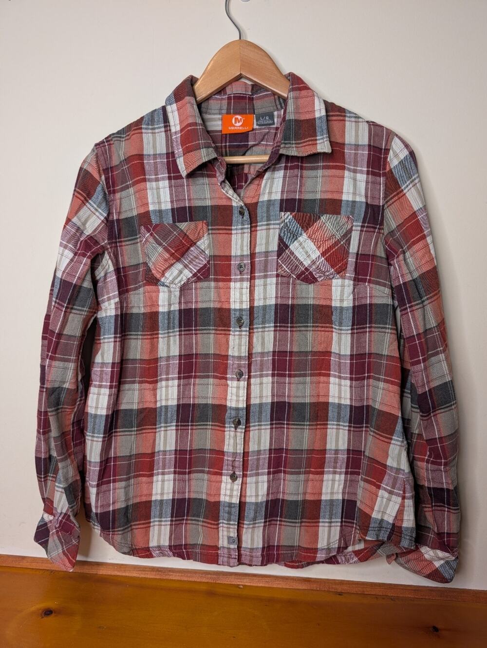 Merrell Flannel Shirt Women's Large Red Plaid 100% Cotton Button Down Outdoor L